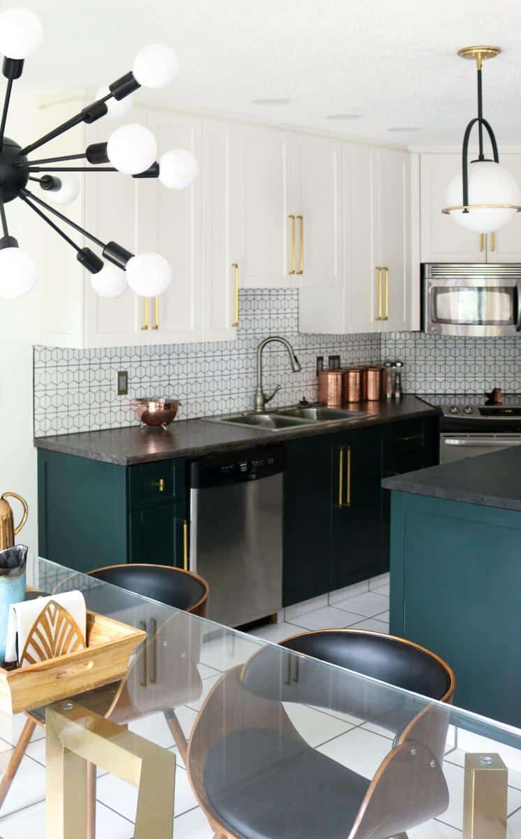 Art-deco meets eclectic and transitional style in kitchen with wood, tile and metal accents