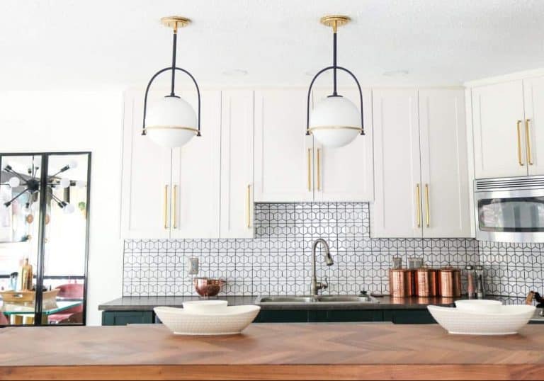 Art-deco meets eclectic and transitional style kitchen with wood, tile, metal accents