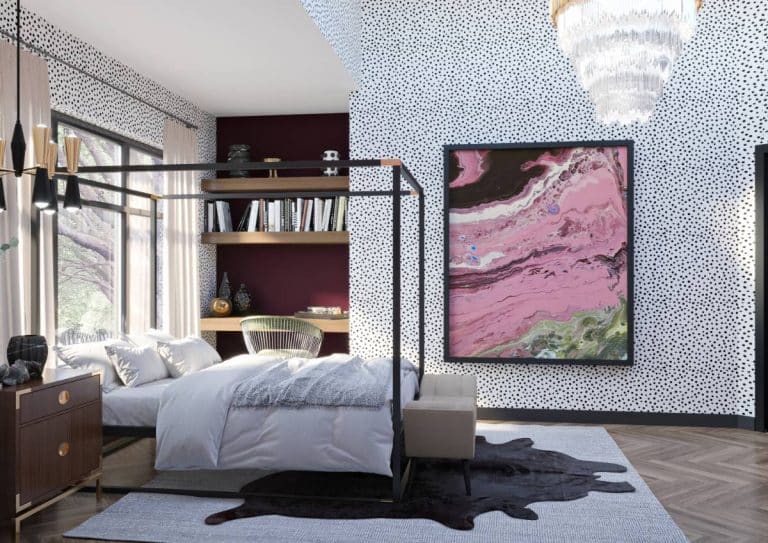 Drama meets glam bedroom with polka dot wallpaper, burgundy and dusty rose colour blocks and accents