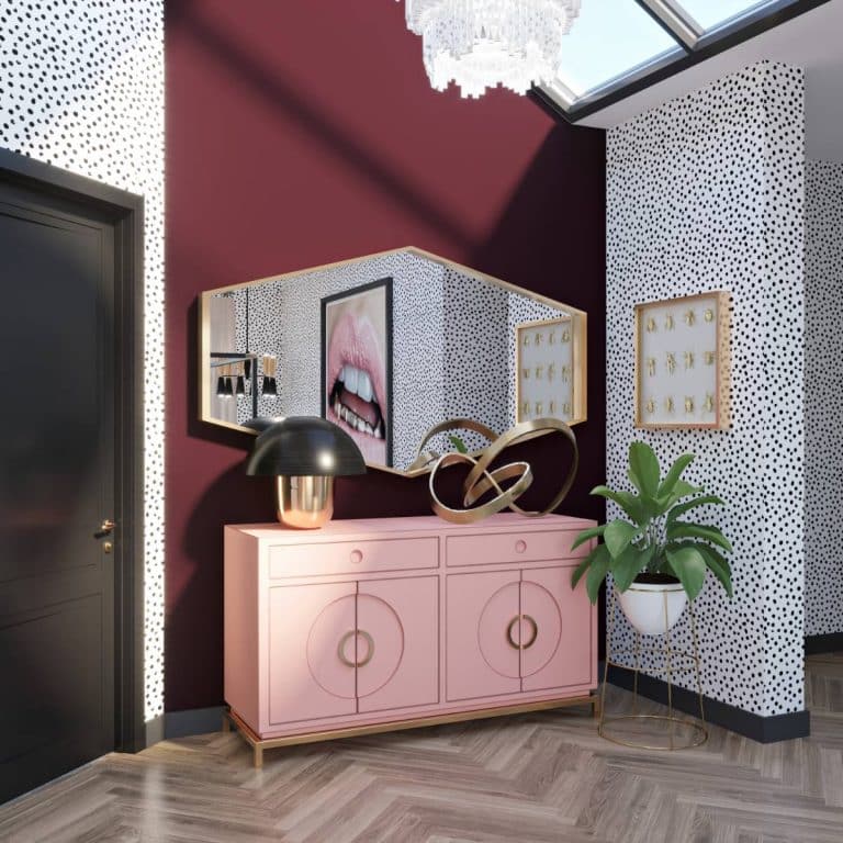 Drama meets glam bedroom with polka dot wallpaper, burgundy and dusty rose colour blocks