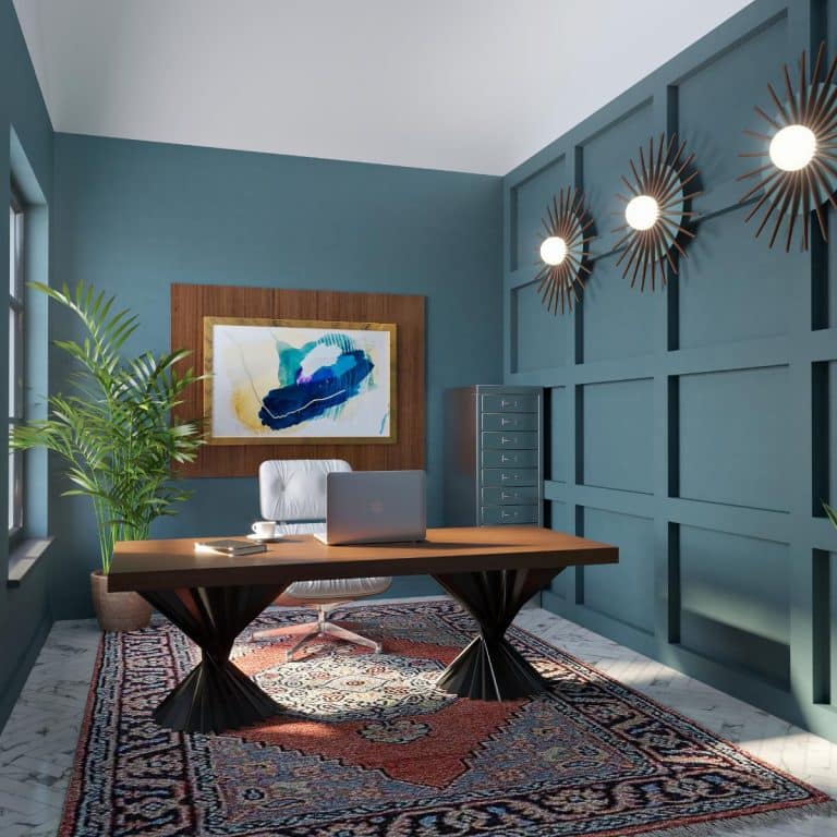 Moody meets Hollywood Regency, mid-century style for home office with custom furniture