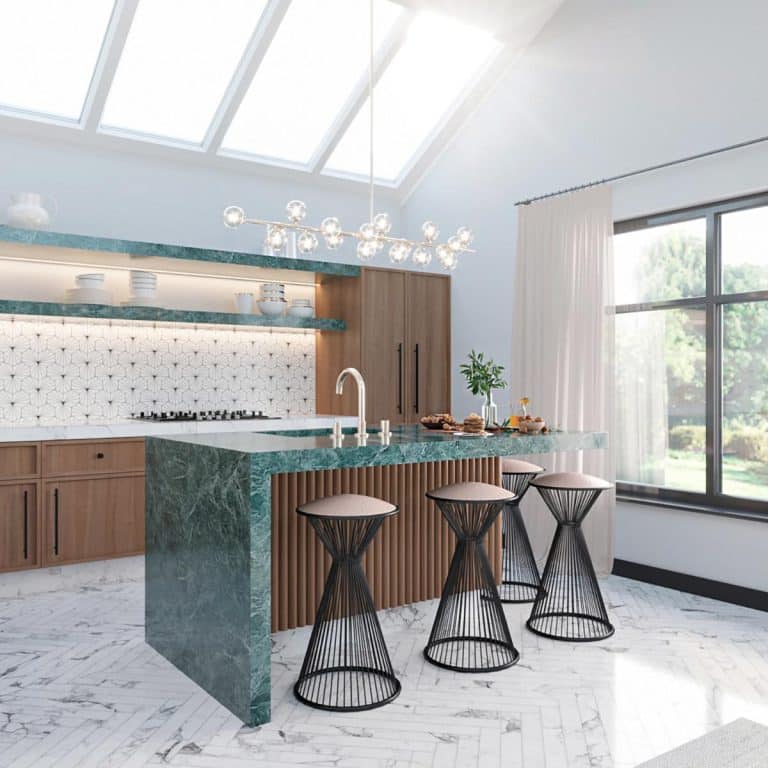 Hollywood Regency and mid-century style kitchen with replica Warren Platner stools, Verde Saint Denis marble and walnut cabinets and graphic wood paneling