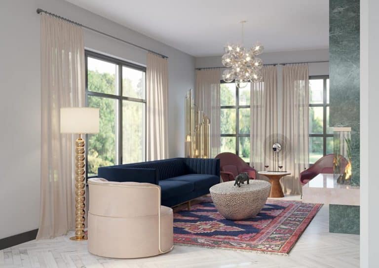 Hollywood Regency/mid-century style living room with brass light fixtures and back-lit marble fireplace
