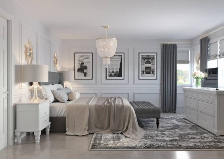 French transitional style hotel suite with grey monochromatic colour palette