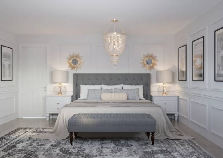 French transitional style hotel suite with grey monochromatic colour palette