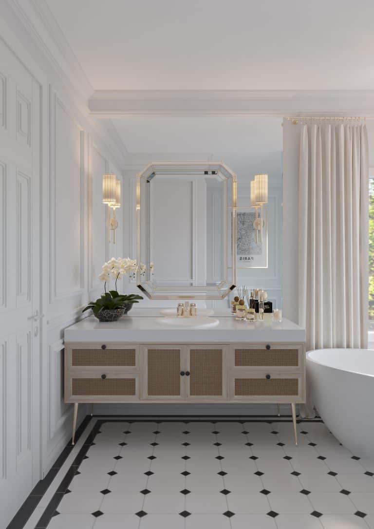 French art-deco style hotel suite bathroom with white and black colour palette and glass, wood and tile accents